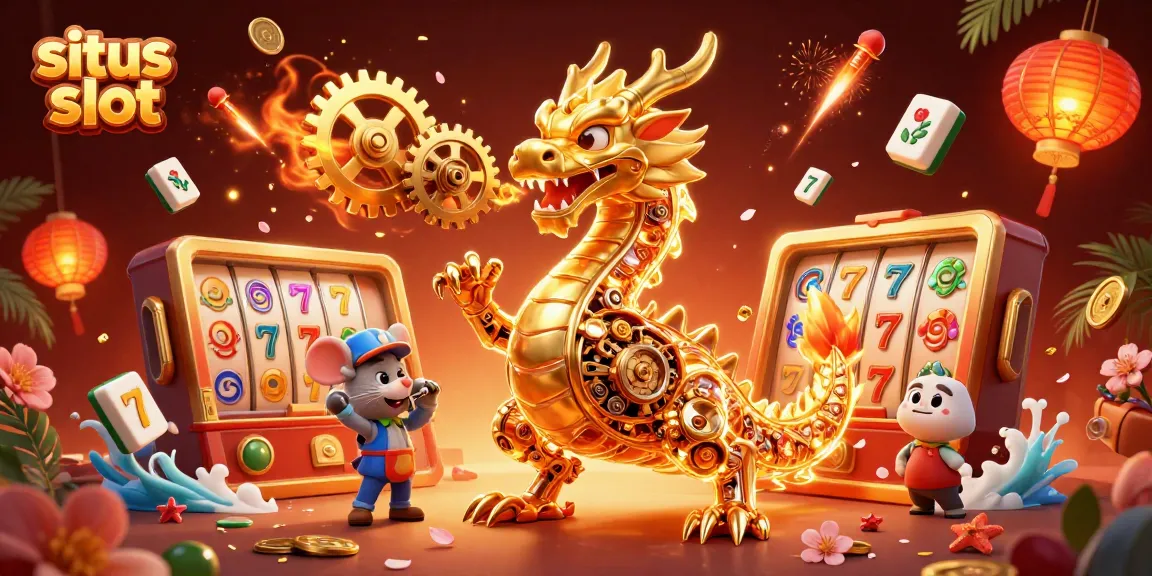 Engage with situs slot as a golden dragon breathes gears while gaming elements surround it in excitement.