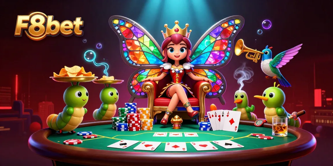 Catch thrilling moments at F8bet with a cartoon butterfly queen and vibrant poker elements.