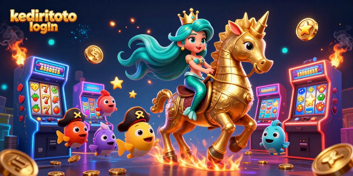 Visualisasi putri duyung dan kuda laut dalam kediritoto login, simbol slot berkilauan dan ikan kartun.