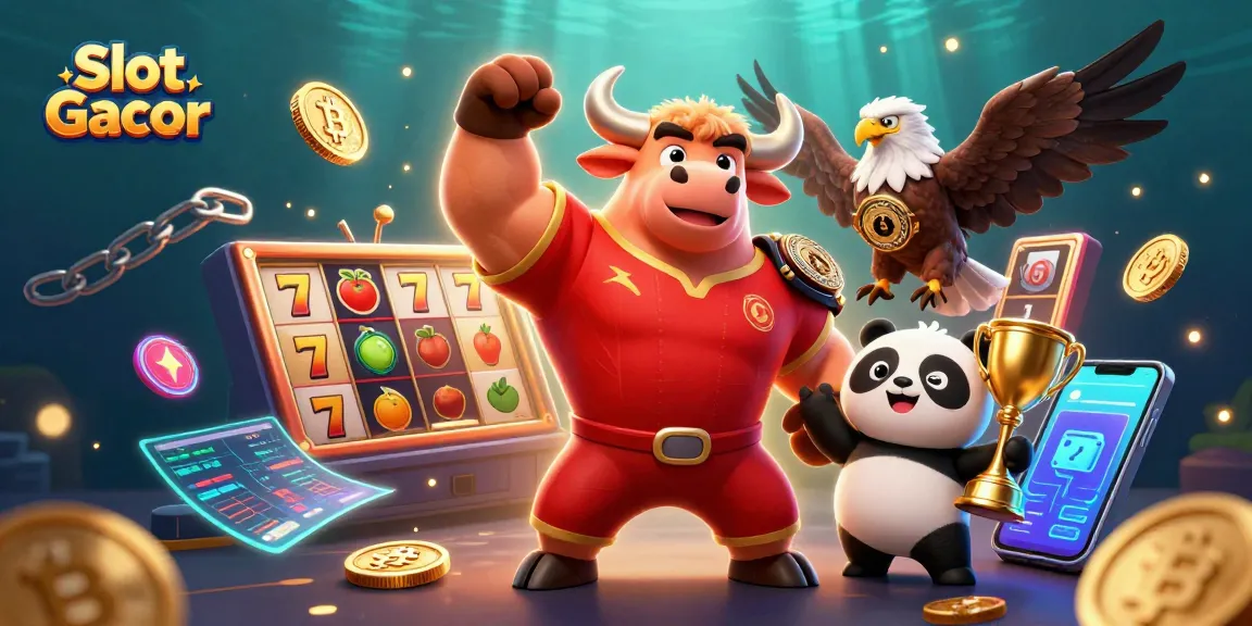 Slot Gacor menampilkan karakter kartun beruang, elang, dan panda dengan elemen permainan slot berkilau